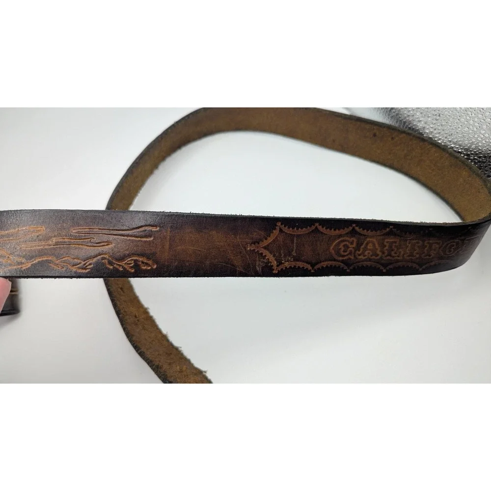 Vintage Hand Tooled 37-40 Leather California Mountain Scene Belt Dark Brown Snap